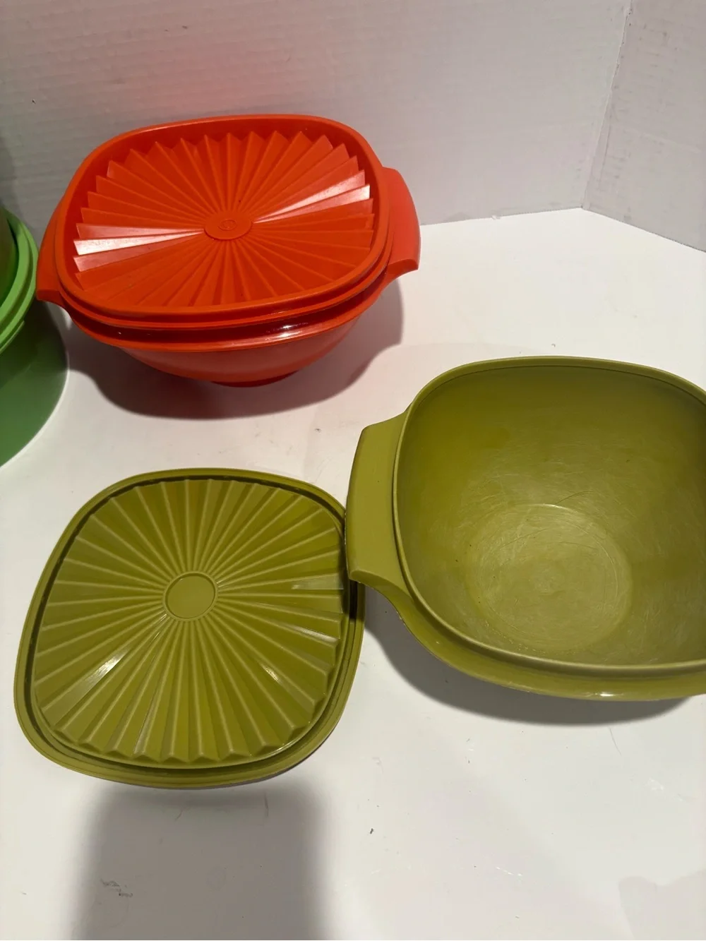 Stackable Olive Green and Orange Mixing Bowls with Lids - Tupperware